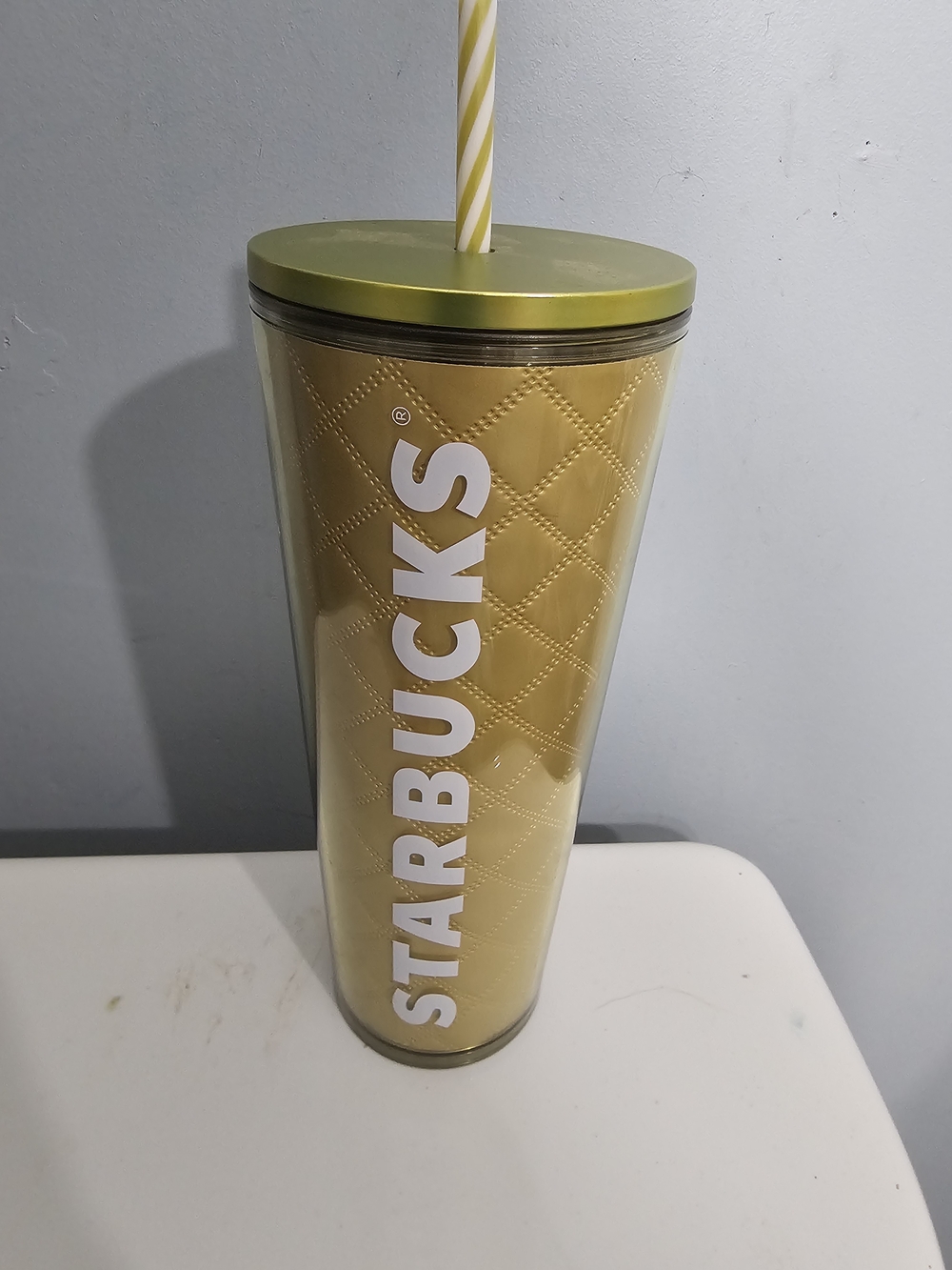 Starbucks Gold Quilted Tumbler with White Logo and Striped Straw